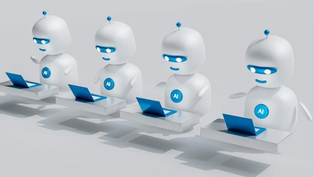 Four robots using laptops.