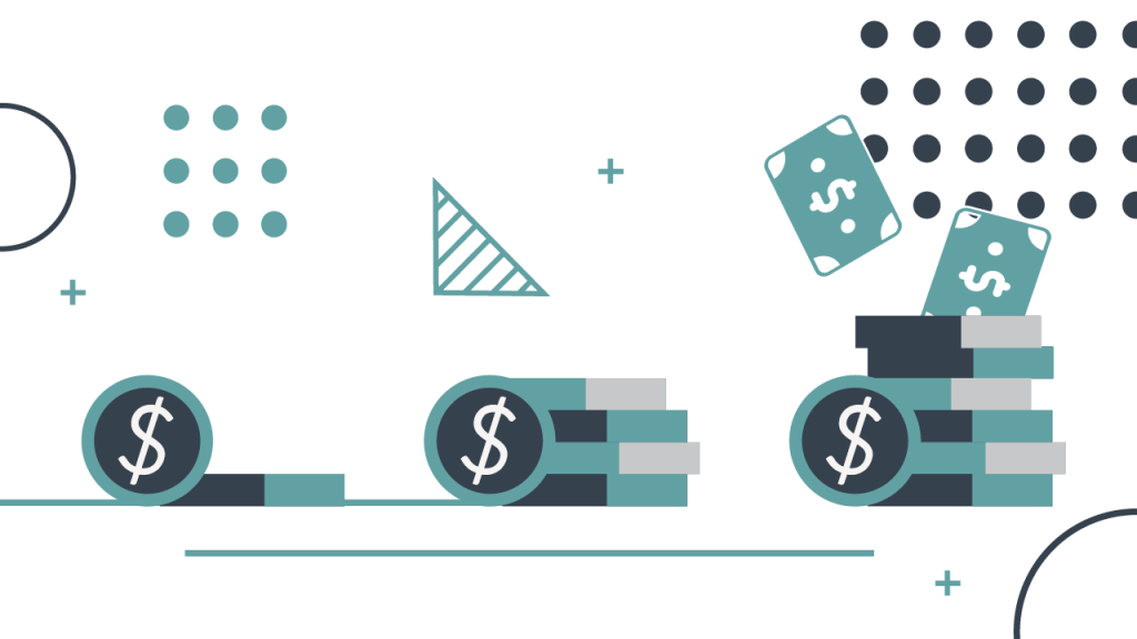 College ROI Calculator (Return On Investment For Education) A modern, minimalist illustration depicts the concept of college investment and potential return. On the left, a single stylized coin with a dollar sign represents an initial investment, leading to a small stack of coins and horizontal bars, symbolizing early costs. Progressing to the right, a larger, growing pile of dollar coins and stacked horizontal bars signifies increasing expenses or accumulating funds over time, directly correlating with the