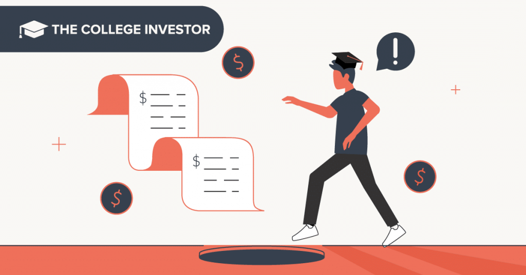 How To Avoid College Scholarship Mistakes When You Apply A simplified, graphic illustration depicts a male college student in a graduation cap walking cautiously towards a dark, circular pit on a light orange and white background. He is stepping over the pit while reaching out his hand. To his left, two scrolling paper documents with dollar signs and lines represent financial aid or scholarship applications. Above his head, a speech bubble with an exclamation mark symbolizes warnings or "gotchas." Three scattered circular coin icons with dollar signs further represent money or scholarships, while small red plus signs add to the visual design. The image visually represents the article's theme of navigating the potential pitfalls and "scholarship gotchas" students face when applying for private scholarships to pay for college.