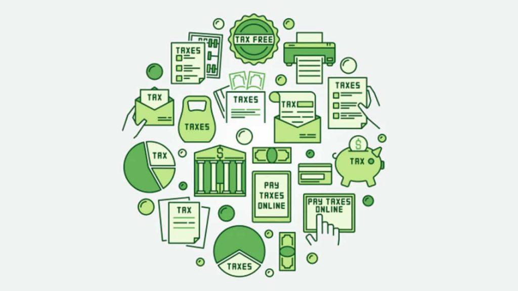 The image displays a comprehensive circular collage of green-hued icons on a subtle gray gradient background, representing various aspects of tax preparation and financial management. Central to the composition are multiple icons related to "TAXES" documents, including checklists and envelopes, emphasizing the theme of online tax filing software comparisons discussed in the article. Prominently featured are symbols of "TAX FREE" status, a printer, a bag of money, an open book, a pie chart with a "TAX" segment, a classical bank building, a piggy bank with a dollar sign, and credit cards, illustrating the financial tools and considerations for tax season 2024-2025. Two distinct icons display "PAY TAXES ONLINE" with a hand clicking, directly connecting to the article's focus on TurboTax, H&R Block, TaxAct, TaxSlayer, and Cash App Taxes. The bottom left corner features "THE COLLEGE INVESTOR" logo in white, branding the image as a resource for financial guidance. Source: The College Investor