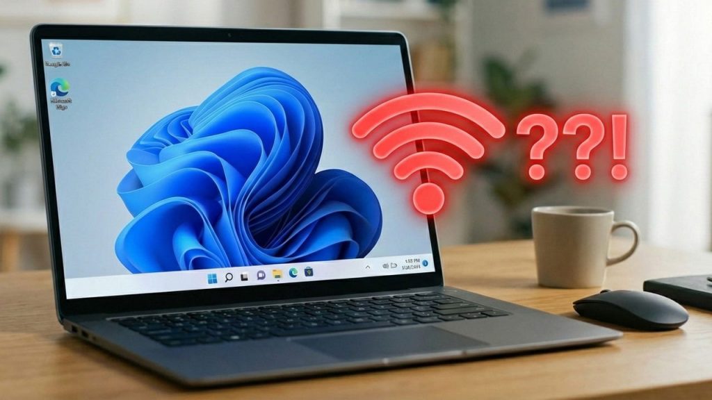 Windows 11 laptop on a table with WiFi icon missing and a Big red WiFi icon in front