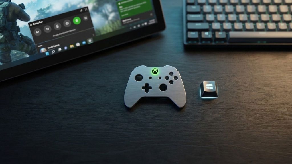 6 Useful Things You Can Do with the Xbox Game Bar on Windows Xbox controller frame on surface with a keyboard and a screen showing game bar