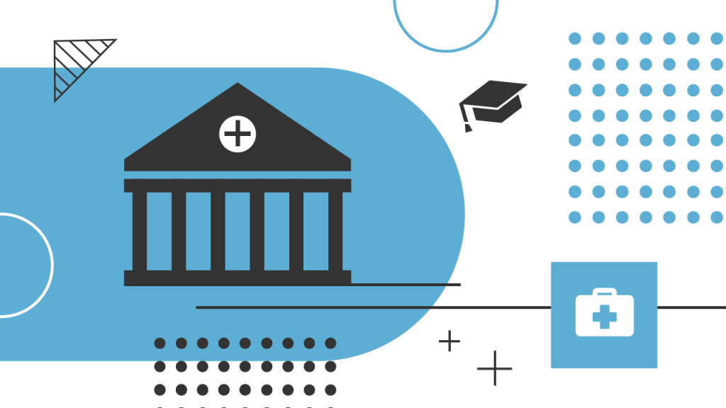 An abstract image that includes what appears to be a school with a cross, along with a first aid kit, indicating the health professional education that may require student loans.