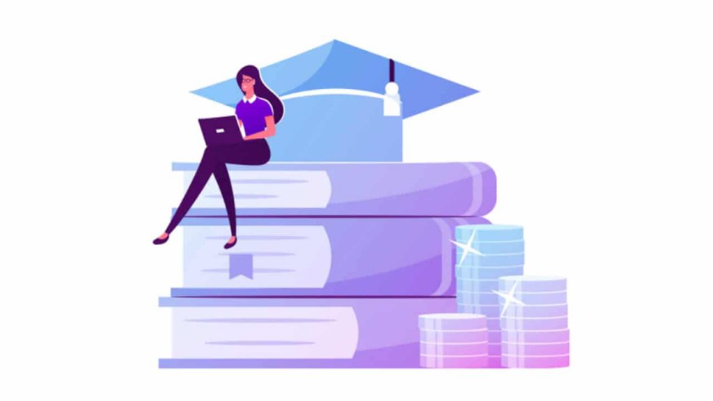 An illustration depicts a female international student sitting atop a stack of large textbooks, actively engaged with her laptop. She wears glasses, a purple shirt, and dark pants, embodying a focused scholar. Above her rests a blue graduation cap, symbolizing academic achievement and future career prospects. To the right of the books, several stacks of coins, primarily in shades of blue and purple, with some sparkling white highlights, represent the financial aspect of education. This image visually conveys the challenges and opportunities for international students seeking private student loans to finance their education in the United States. Source: The College Investor