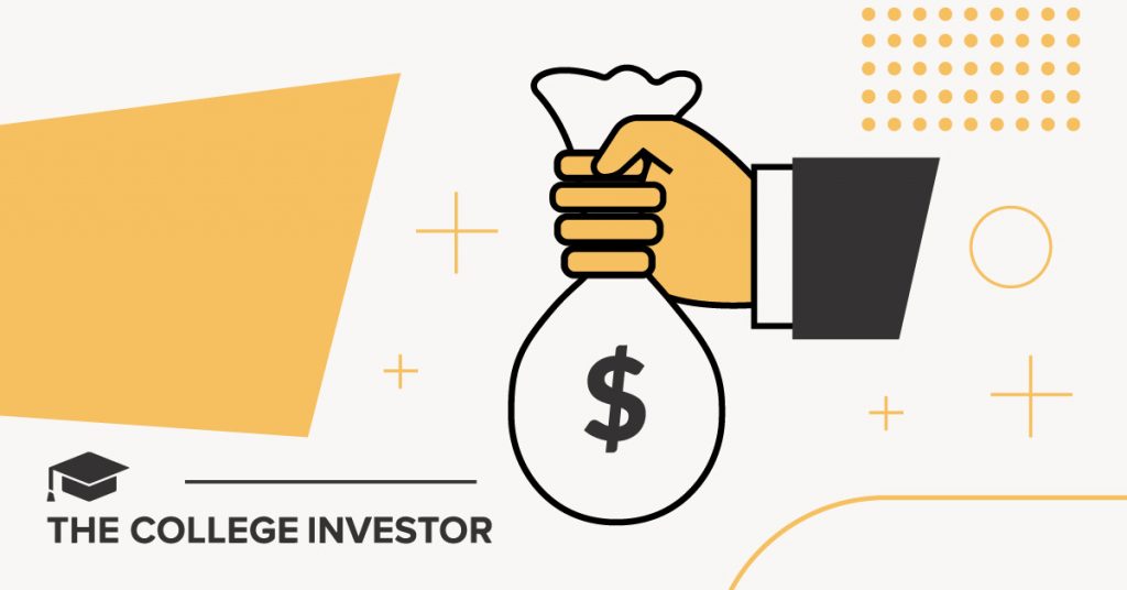 Front-Loading Financial Aid: Watch Out For This Sneaky Trick A stylized illustration depicts a hand in a suit sleeve holding a white money bag with a prominent black dollar sign, symbolizing financial aid or grants. The background is a light cream color with various geometric shapes in shades of yellow and orange, including a large triangular shape on the left, dotted patterns in the upper right, and abstract lines and plus signs, creating a modern and clean aesthetic. The phrase "COLLEGE INVESTOR" is partially visible in black text at the bottom left. This image visually represents the concept of financial assistance in higher education, specifically illustrating the distribution of grants, which is central to the article's discussion on front-loading of grants where colleges adjust financial aid offers, often to the disadvantage of upperclassmen. Source: The College Investor