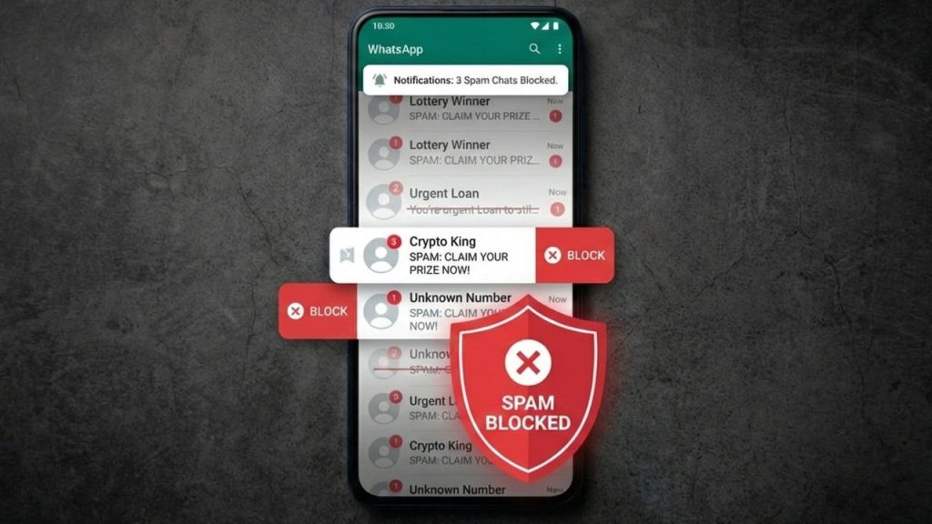 Phone with dark background showing WhatsApp filled with spam messages