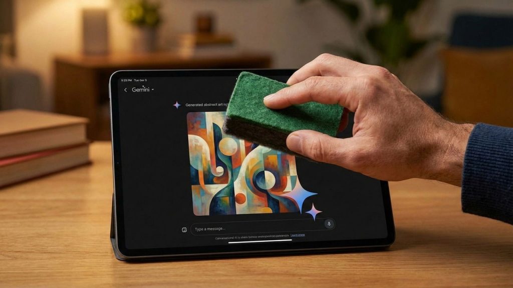 Gemini on a tablet on a table showing art with gemini watermark. A hand width a duster cleaning it