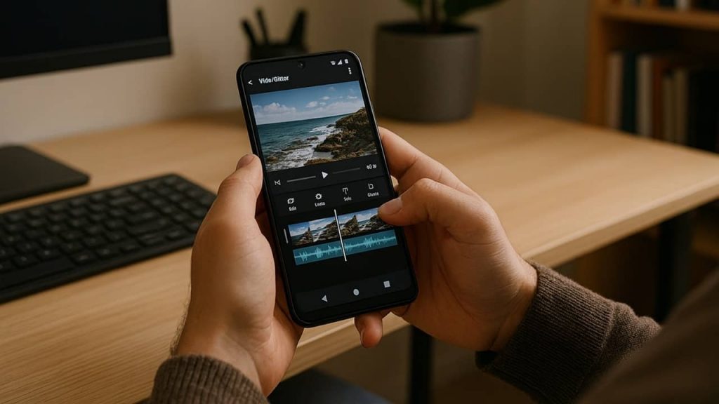 Person holding an Android phone while rotating a video in a home office.