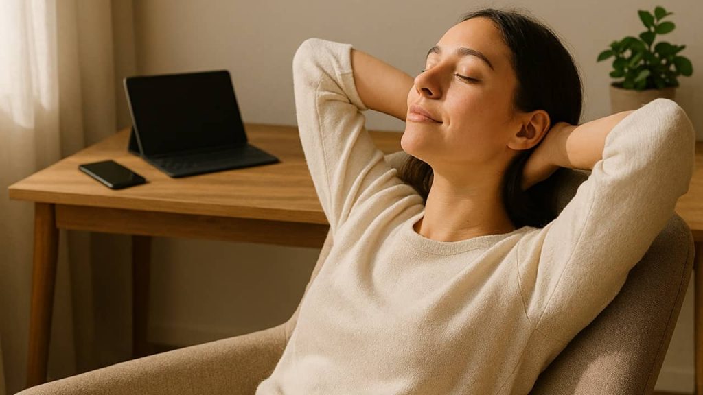 I Tried Daily Digital Detox for 30 Days and Here’s What Happened Woman relaxing during a daily digital detox with devices turned off in the background.
