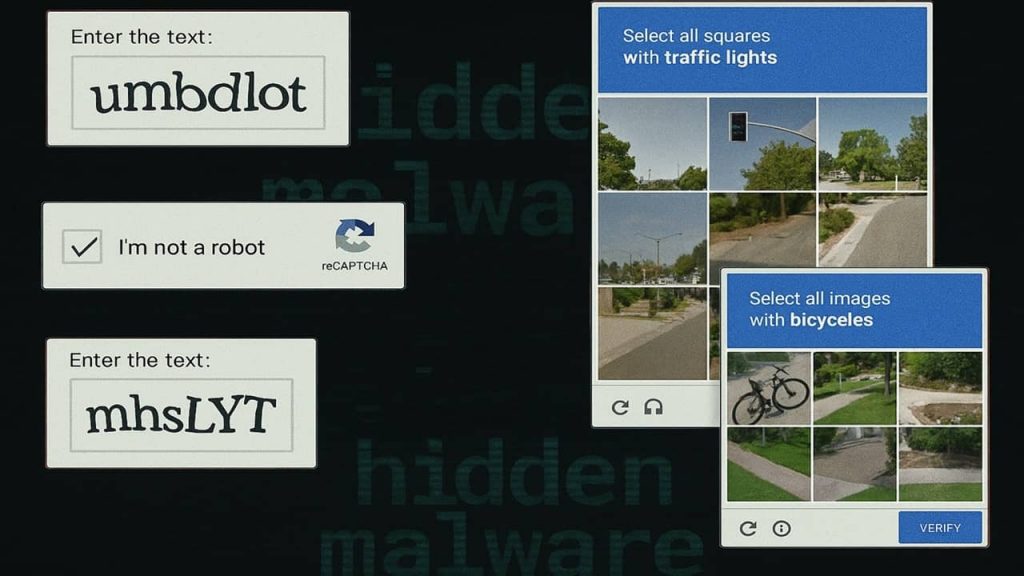 Samples of CAPTCHAs with hidden malware behind them.