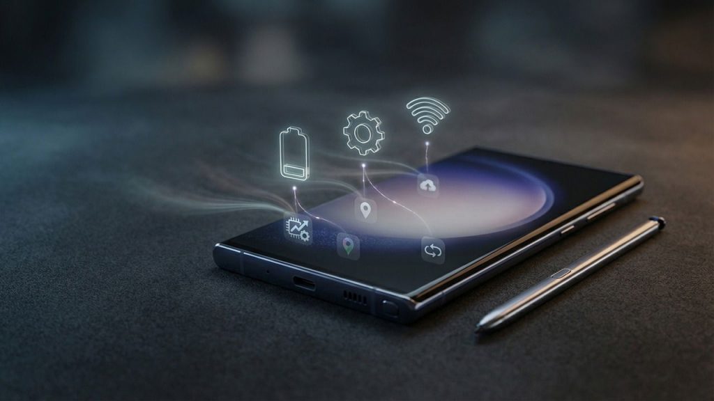 Phone on surface with holograms representing common phone tasks