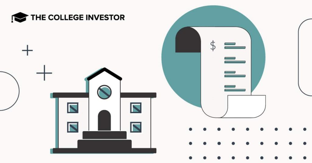 University Loans: Private Student Loans Offered By Colleges A minimalist graphic illustration depicts a white university building with dark outlines and blue window accents on the left, symbolizing higher education and institutional loans. To its right, a large unfurling scroll, also outlined in dark blue, features a dollar sign at the top and several lines of text, representing a bill, financial aid award, or loan document. This visual emphasizes the connection between colleges and financial obligations, such as university loans or private student loans. The background is a light, speckled pattern with a large teal circle behind the scroll and a plus sign near the university, reinforcing the article's focus on understanding and comparing different types of student loans, including those offered directly by colleges and universities.