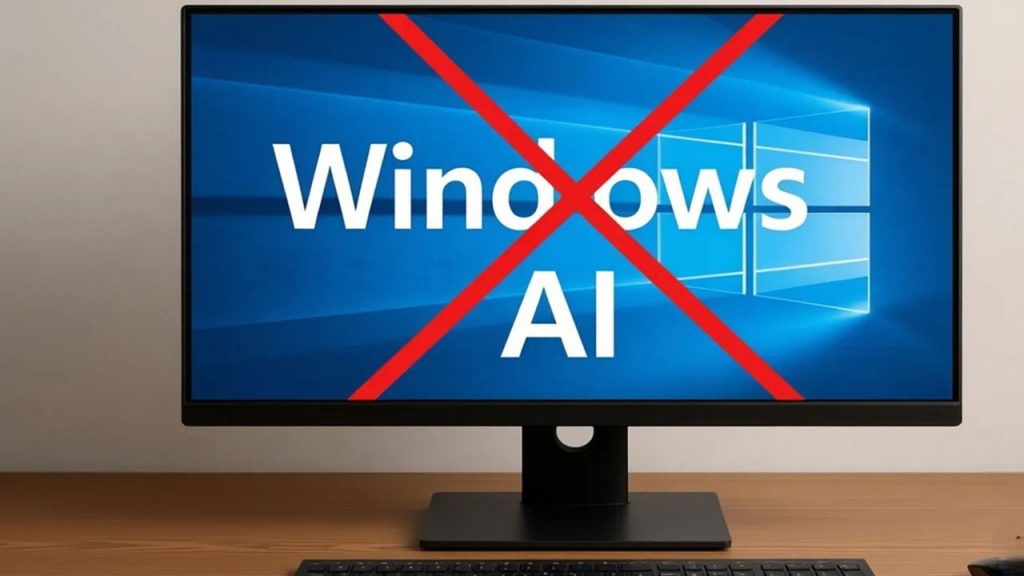 Use This One Tool to Remove All AI From Windows Desktop monitor with Windows AI on the screen and a red X over the words.