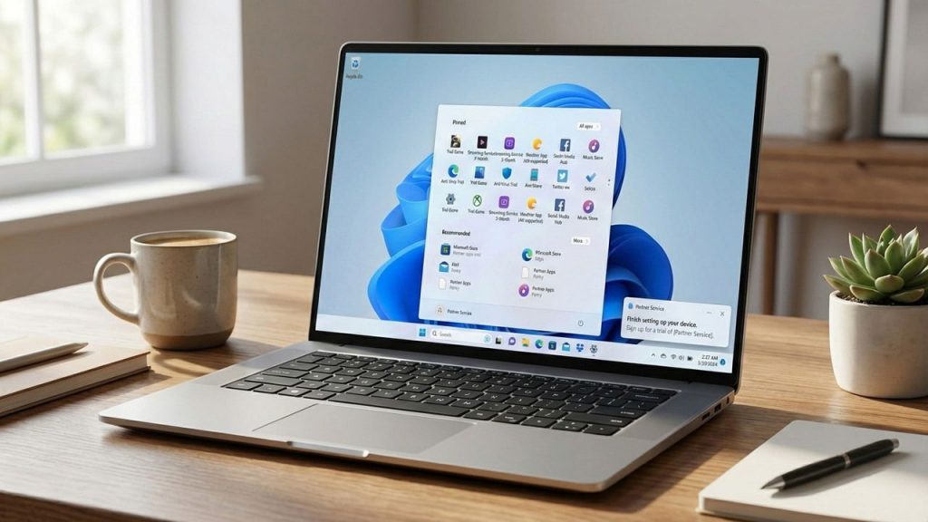 Why is There So Much Bloatware on Windows? How to Identify and Safely Uninstall It A laptop on a table with Windows 11 Start menu filled with extra apps