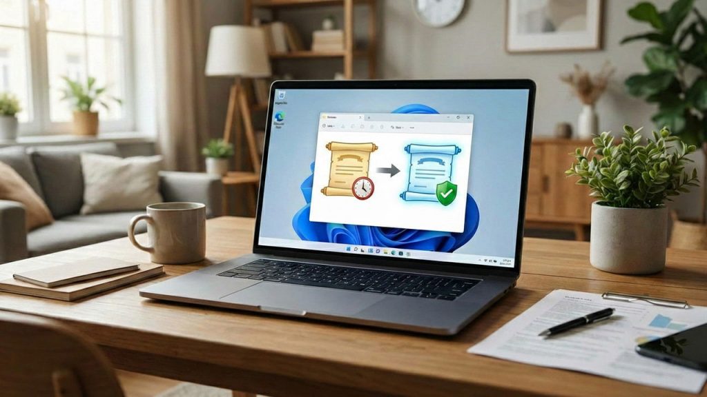 Windows 11 laptop on a table with two certificate representations on display