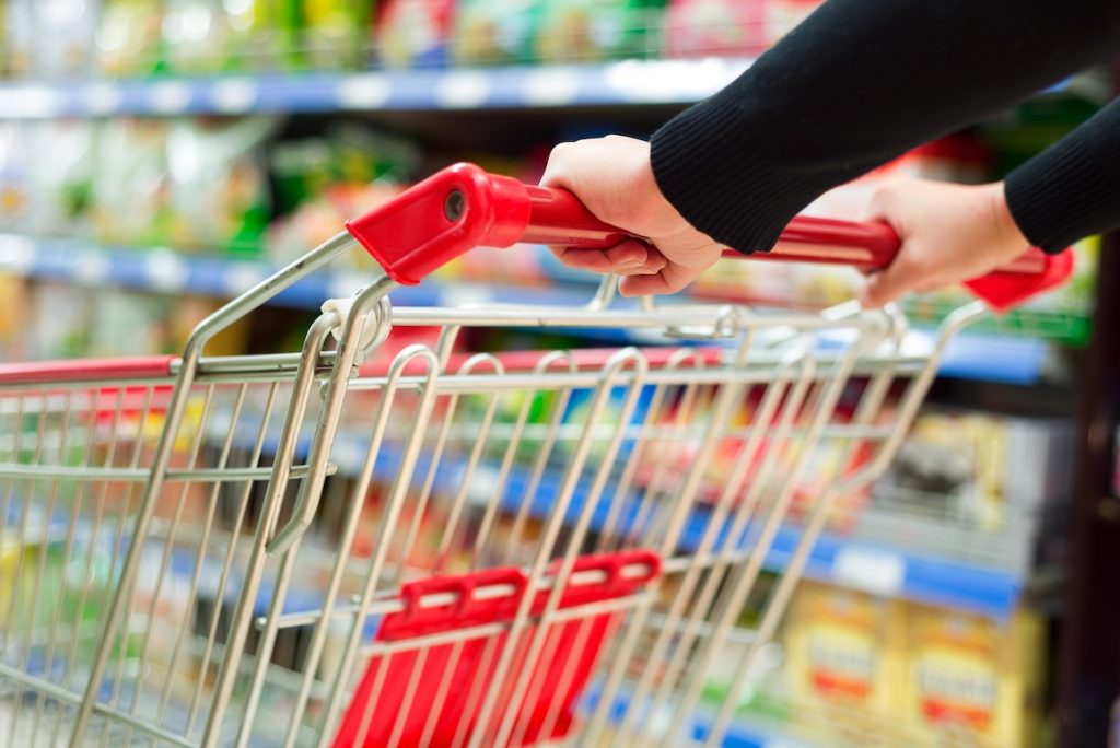 Close-up of a person's hands pushing an empty metal shopping cart with a red handle in a grocery store aisle. The image visualizes the concept of a "No-Buy" challenge, where participants deliberately avoid purchasing non-essential items to save money and break spending habits. Source: The College Investor