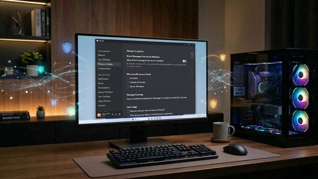 Gaming PC on a table with Discord privacy options open on the display with digital shield icons