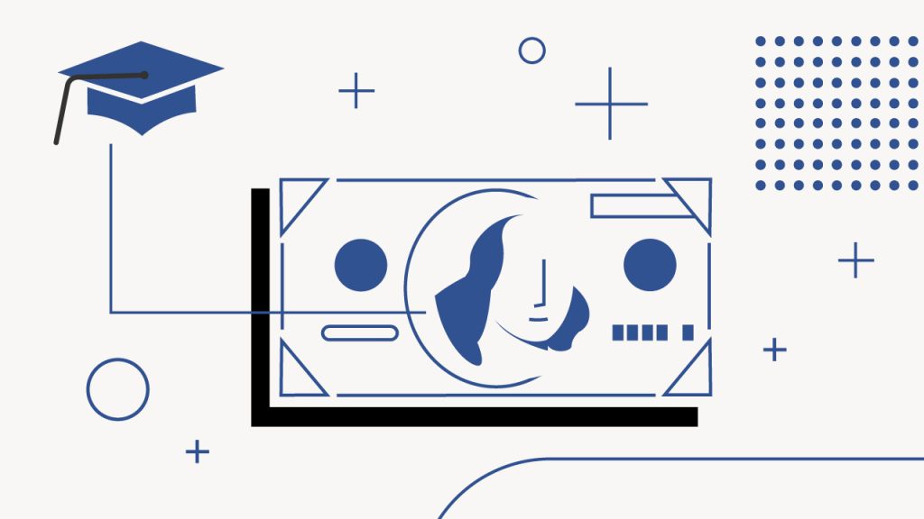 A graphic illustration comparing US and UK student loans, featuring a blue graduation cap with a tassel on the upper left, connected by a thin line to a stylized blue and black dollar bill with a profile of a person's head and the word "DOLLAR" partially visible, indicating the financial aspect of education. The background is a light gray with various geometric shapes in blue and black, including circles, plus signs, and a pattern of dots, alluding to the complexities and different systems of student loan borrowing limits, tuition fees, and maintenance loans discussed in the article. This visual metaphor highlights the comparison of student loan systems and costs between the United Kingdom and the United States, particularly emphasizing tuition fee loans and maintenance loans, and how they differ in covering tuition and living expenses.