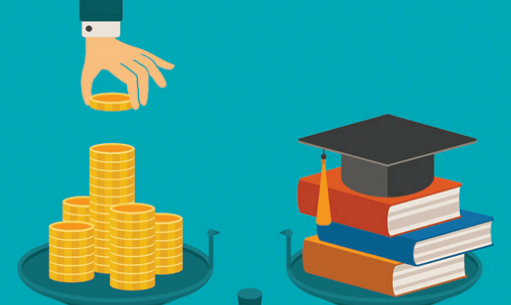 An image representing student loans. In the upper left background, a light brown hand with two fingers extended appears to be dropping or placing several gold coin stacks, symbolizing money or debt relief. Below the text, in the lower right, an outline of a graduation cap with a tassel is faintly visible, subtly connecting the financial discussion to education and student loans.