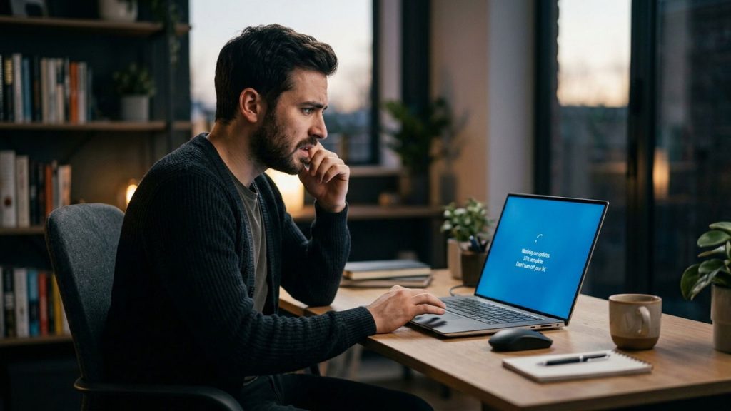 A man looking at a laptop concerned about the updating sequence on it