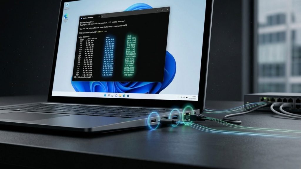 How to Check for Ports in Use in Windows Windows 11 laptop with network wires in ports with a router behind