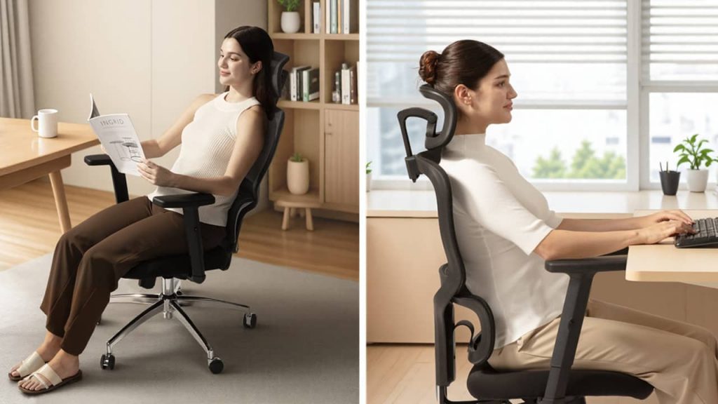 Woman sitting in Sihoo M56C chair.
