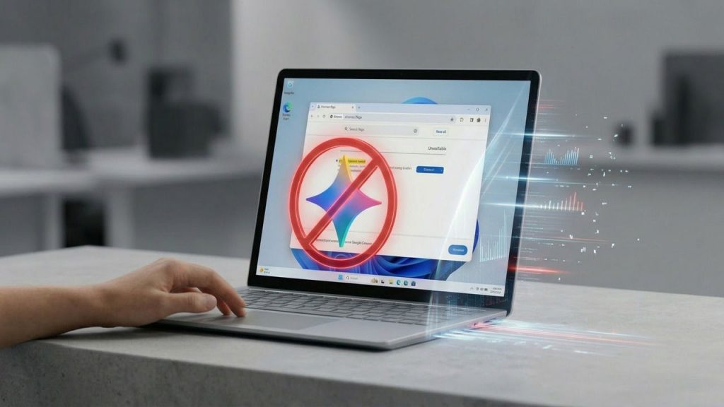 Stop Chrome from Auto-Downloading Gemini Nano in Windows Windows 11 laptop on a table with a hand on keyboard. Display showing Chrome with Gemini block icon