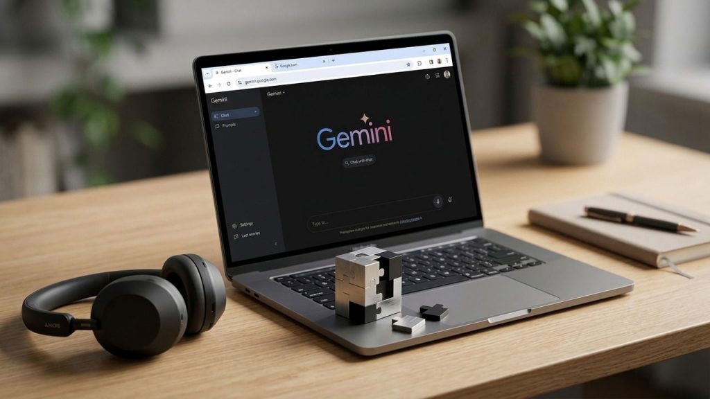 Laptop on a table with Gemini open and a broken puzzle box on keyboard