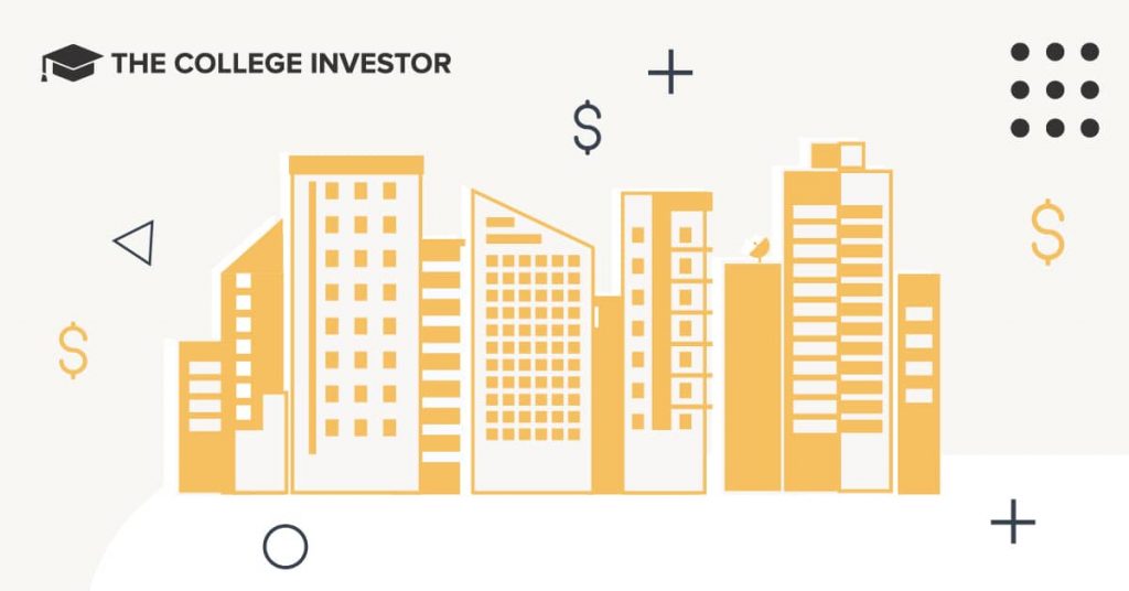 An illustrative image for an article about the top investment companies, featuring a skyline of various golden-hued, modern financial buildings and skyscrapers set against a light cream background. The buildings, representing brokerage firms and investment companies like BlackRock, Vanguard, and Charles Schwab, symbolize significant assets under management. Abstract graphical elements such as a dollar sign, a plus sign, and geometric shapes float around the cityscape, visually enhancing the theme of financial growth and investment strategies discussed in the article, which guides new investors in choosing brokerage accounts and understanding diverse investment options. Source: The College Investor