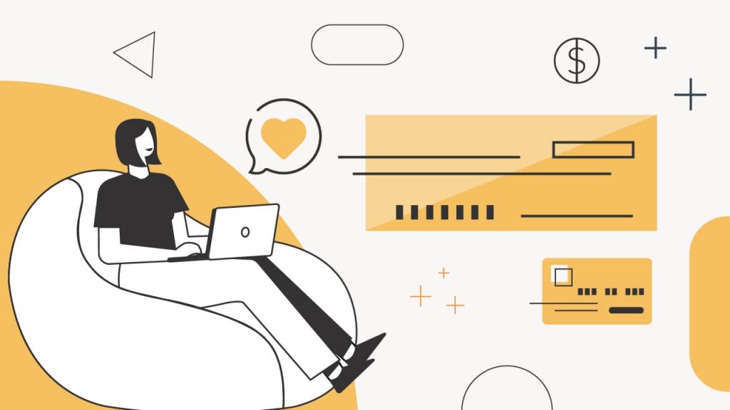 A minimalist, line-art illustration depicts a stylized person, likely a teenager or young adult, with short dark hair, wearing a black top and white pants, comfortably seated in a white, rounded armchair. They are actively engaging with a white laptop, symbolizing online banking and money management. Above their head, a speech bubble contains a yellow heart, suggesting satisfaction or positive feelings towards financial literacy. To the right, various financial elements are illustrated: a large yellow rectangle with horizontal lines and a small rectangle at the top right represents a blank check, indicating checking account features. Below it, a smaller yellow rectangle with dashed lines and a square represents a debit card, crucial for teen bank accounts. In the upper right corner, a circle with a dollar sign further emphasizes financial concepts. The overall image, titled "Best Free Checking Account," visually represents the article's focus on helping teens learn money management skills through the use of checking and debit accounts, highlighting convenience and positive financial experiences.