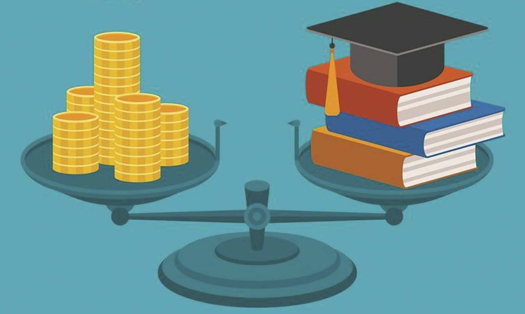 Best MBA Student Loans To Pay For Business School Graphic illustration of a teal balance scale set against a blue background, depicting the financial trade-offs of higher education. On the left scale pan, tall stacks of gold coins represent the high cost of tuition and potential student loan debt. On the right pan, a stack of red, blue, and orange textbooks is topped with a black graduation cap, symbolizing the MBA degree. This visualizes the critical decision students face when weighing the significant investment and financing options, such as federal versus private loans, against the value of attending business school. Source: The College Investor