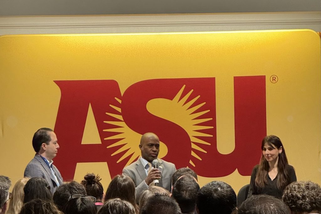 Tony Thurmond and Sonya Christian speak at ASU+GSV Summit in San Diego, CA on April 13, 2026. Photo: Robert Farrington/The College Investor