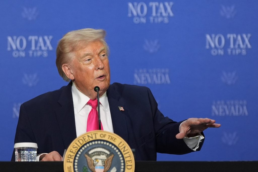 President Donald Trump speaks at a roundtable event about no tax on tips, Thursday, April 16, 2026, in Las Vegas. (AP Photo/Alex Brandon)