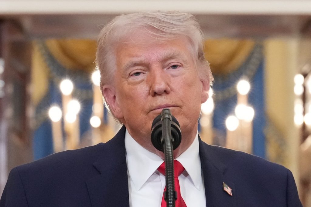 President Donald Trump speaks about the Iran war from the Cross Hall of the White House on Wednesday, April 1, 2026, in Washington. (AP Photo/Alex Brandon, Pool)