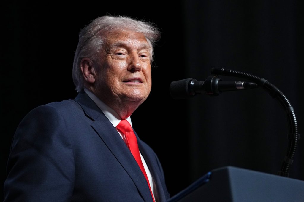 President Donald Trump speaks at the Raymond F. Kravis Center for the Performing Arts in West Palm Beach Fla., Friday, May 1, 2026. (AP Photo/Matt Rourke)