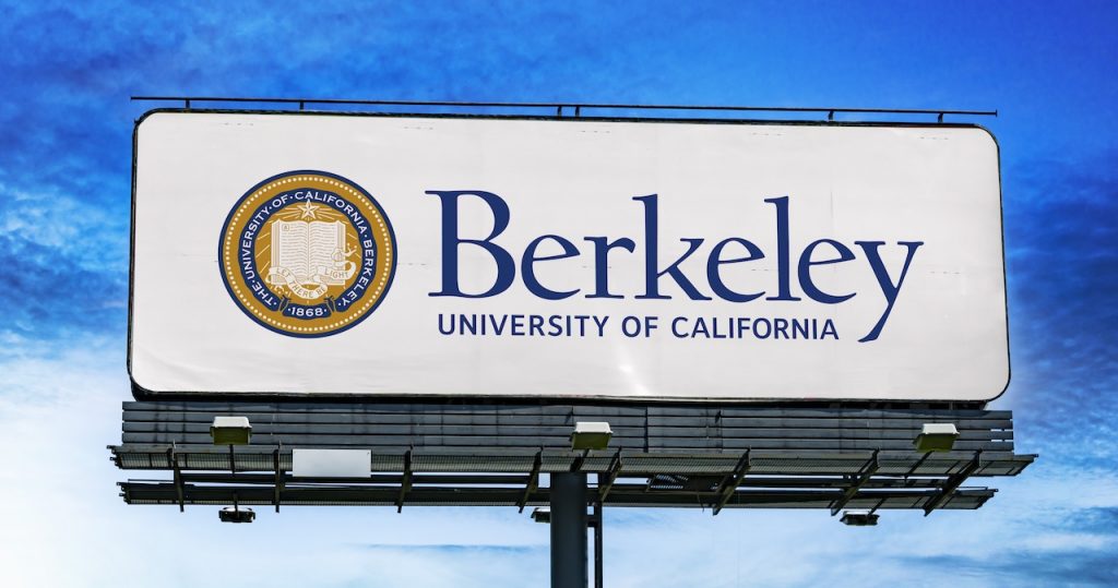 Advertisement billboard displaying logo of The University of California, Berkeley, a public, land-grant research university in Berkeley, California, USA