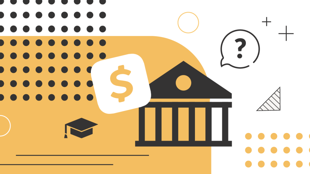 An abstract financial illustration features a prominent black bank icon with classical columns, positioned centrally on a mustard-yellow and white background. A white speech bubble containing a question mark floats above the bank, symbolizing the complex questions families face regarding college financing. To the left, a white dollar sign inside a rounded white square hovers over a black graduation cap, representing student loan options and costs. The background is adorned with various geometric patterns, including black and white dots, thin black lines, a hollow circle, and a triangle, adding to the dynamic and modern feel of the image. This visual metaphor highlights the challenges and choices involved in navigating the seven different types of student loans and financing alternatives available for college and graduate school, as discussed in the article. Source: The College Investor