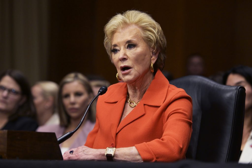 Linda McMahon testifies before the Senate Health, Education, and Labor Committee during a nomination hearing as Secretary of Education in Washington DC, USA, on February 13, 2025. (Photo by Lenin Nolly/NurPhoto via AP)