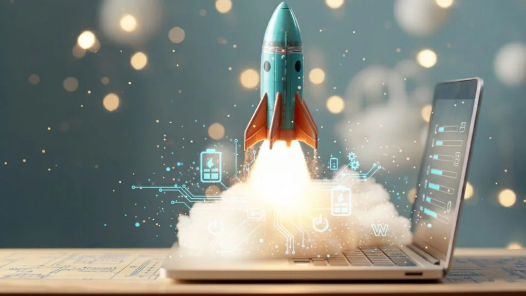How to Create the Perfect Custom Power Plans for Every Situation in Windows A rocket launching over a laptop with digital power management icons