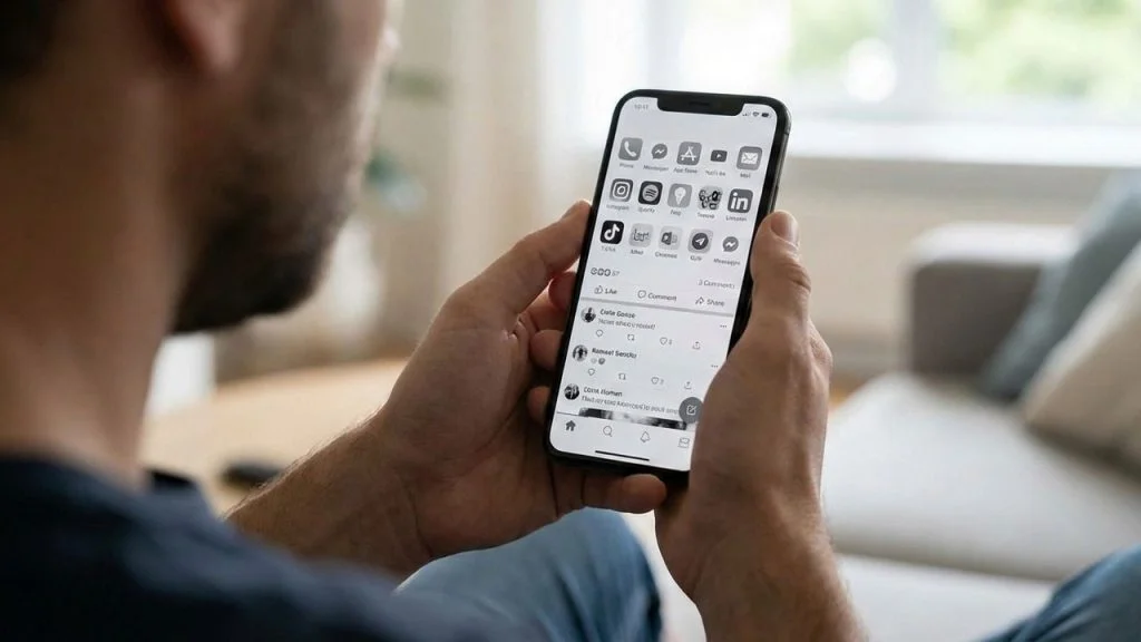 I Used Grayscale on My Phone to Curb Phone Addiction – Here’s How it Went A man looking at a phone with grayscale enabled showing app icons