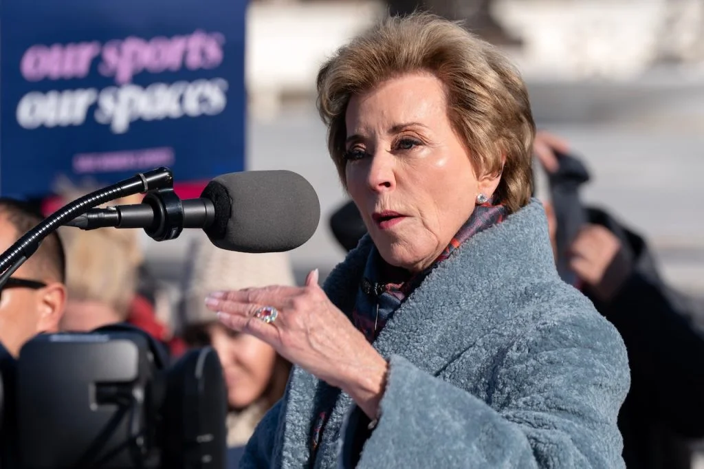 Education Secretary Linda McMahon speaks to the crowd as protesters gather outside the Supreme Court as it hears arguments over state laws barring transgender girls and women from playing on school athletic teams, Tuesday, Jan. 13, 2026, in Washington. (AP Photo/Jose Luis Magana)