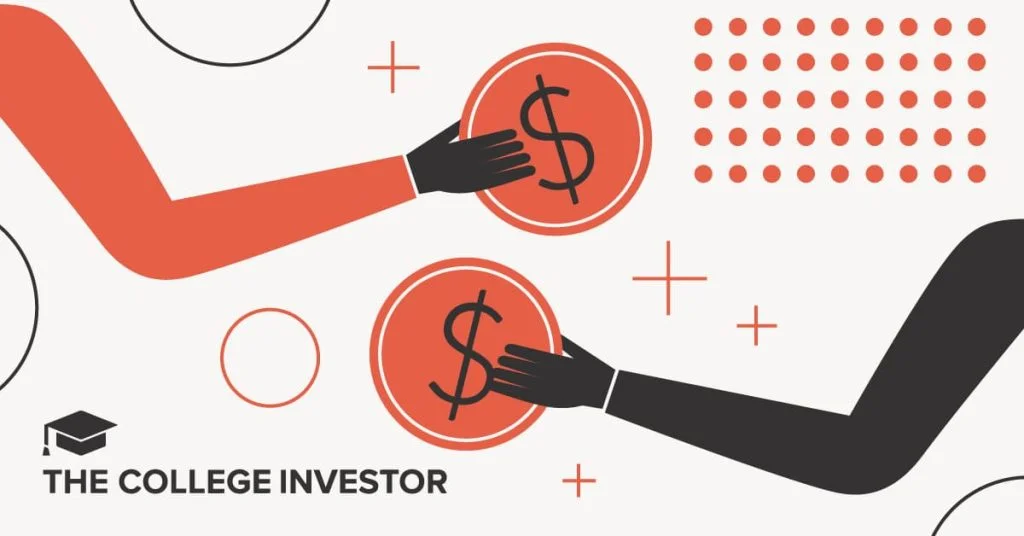A minimalist graphic depicts two sets of arms, one with an orange sleeve and the other with a black sleeve, extending towards the center of the frame against a light beige background. Each set of hands holds a large, round, red coin with a black dollar sign symbol in the middle, signifying financial transactions and contributions. The orange-sleeved arms are positioned above, while the black-sleeved arms are below, suggesting an exchange of money or contributions. The background features various abstract geometric shapes, including outlined circles and plus signs in black and orange, along with a dense block of small red dots on the upper right, adding a modern and dynamic feel. This image visually represents the concept of a grandparent-owned 529 college savings plan, illustrating the transfer of funds for educational purposes, particularly highlighting the financial aspect and the roles of different contributors as discussed in the article from The College Investor.