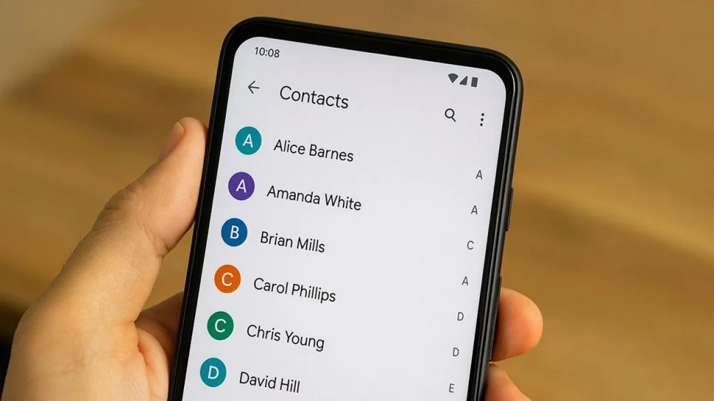 Android phone with contacts visible on screen.