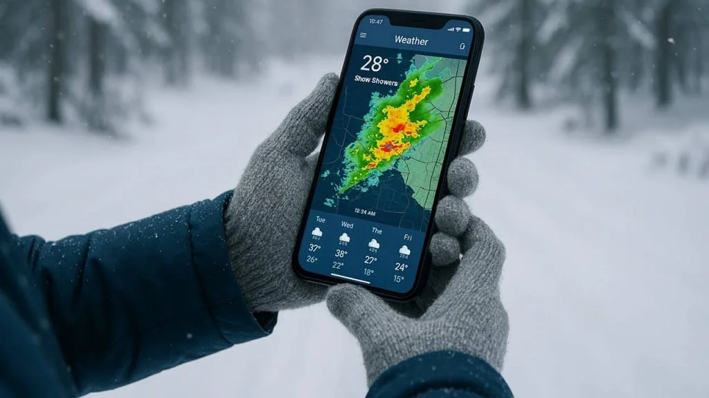 Person checking the radar on their phone while out in a winter storm.