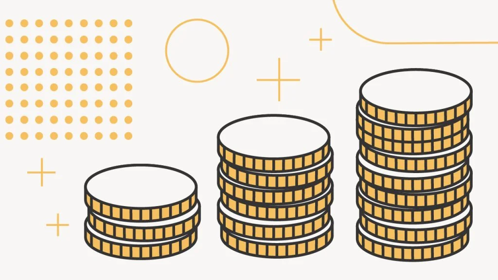 This stylized graphic illustrates the concept of compound interest and growth in retirement savings over time, featuring three progressively taller stacks of gold coins with white tops, set against a light cream background. The smallest stack has two coins, the middle has four, and the tallest has seven, visually representing the